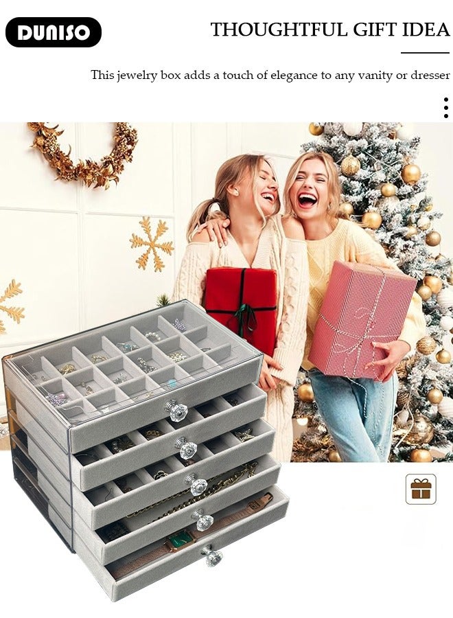 DUNISO Acrylic Jewelry Organizer Box with Tissue Box, 5 Drawers Clear Anti-oxidation Jewelry Boxes for Women, Detachable Velvet Jewelry Display Case for Earring, Bangle, Bracelet, Necklace and Rings Holde - Image 3