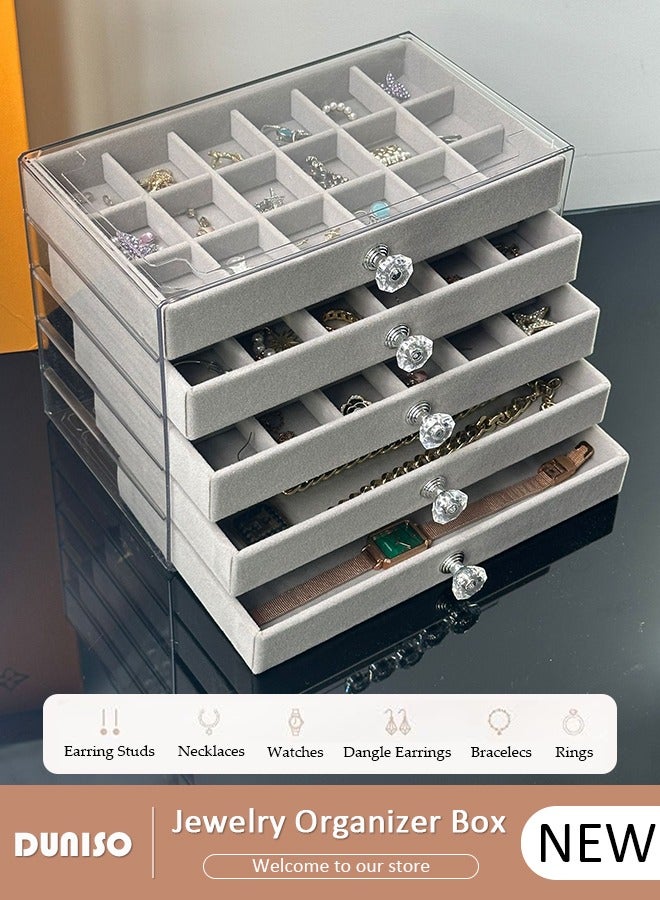 DUNISO Acrylic Jewelry Organizer Box with Tissue Box, 5 Drawers Clear Anti-oxidation Jewelry Boxes for Women, Detachable Velvet Jewelry Display Case for Earring, Bangle, Bracelet, Necklace and Rings Holde - Image 1