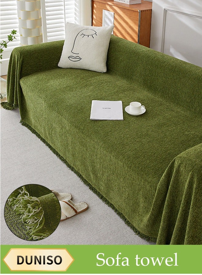 DUNISO Chenier Sofa Cover, Double Sided Sofa Protection Cover, Breathable Nap Blanket, With Tassels, Not Easy To Pilling, Wear Resistant And Scratch Resistant, Suitable For All Seasons, Suitable For Two Seater Sofas, 180 * 230cm，Green  - Image 1