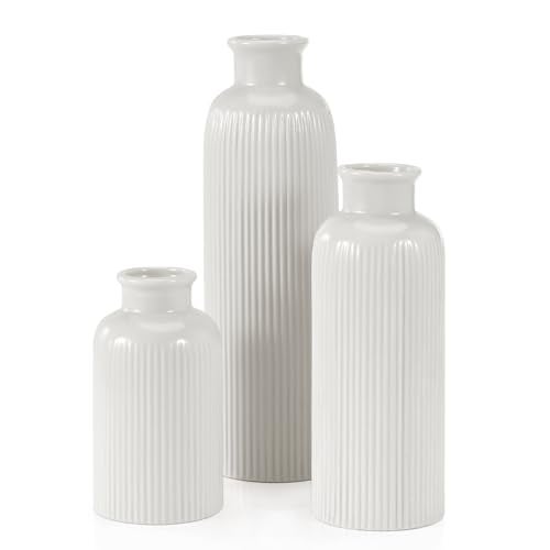 GUKJOB Small White Ceramic Vase Set of 3, Boho Modern White Flower Vase Room Decor, Farmhouse Decor, Vases for Your Kitchen, Bathroom, Bedroom, Living Room, Office&Shelf Centerpiece Table Decorations - Image 1