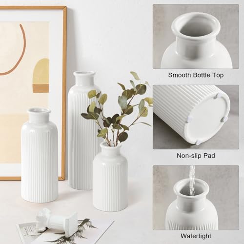 GUKJOB Small White Ceramic Vase Set of 3, Boho Modern White Flower Vase Room Decor, Farmhouse Decor, Vases for Your Kitchen, Bathroom, Bedroom, Living Room, Office&Shelf Centerpiece Table Decorations - Image 5