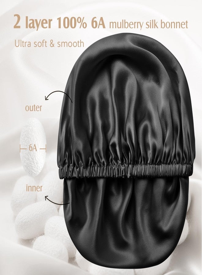 YFONG Double Layered 100% Silk Bonnet for Sleeping Women, 22 Momme Pure Mulberry Silk Sleep Shower Cap with Adjustable Elastic Band Stay On Head，Reduce Frizz (Black, XL) - Image 2