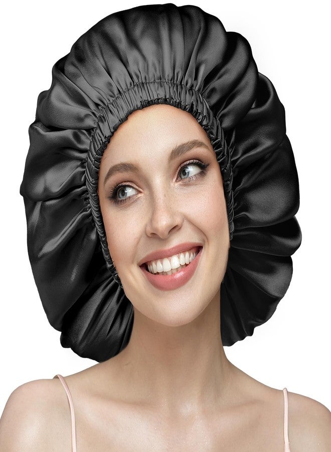 YFONG Double Layered 100% Silk Bonnet for Sleeping Women, 22 Momme Pure Mulberry Silk Sleep Shower Cap with Adjustable Elastic Band Stay On Head，Reduce Frizz (Black, XL) - Image 1