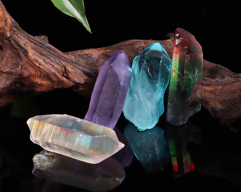 JIC Gem 4 pcs Auqa Aura Angel Aura Angel Amethyst Tourmaline Healing Crystal Single Point Wand Natural Gemstone Polished Tumbled Stone or Crystal Healing Reiki and Home Decor