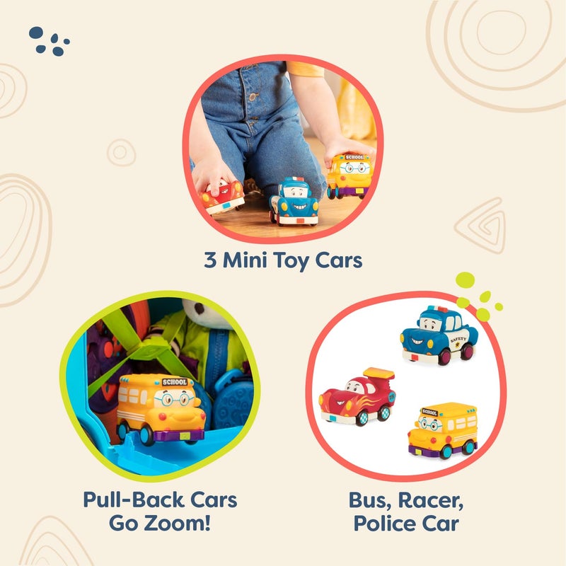 B. toys - Mini Wheeee - ls! - 3 Pieces Mini Pull - Back Vehicles Set, Bus & Cars, Multi, Hot Rod, School Bus, Police Car - 1 year + - Image 3