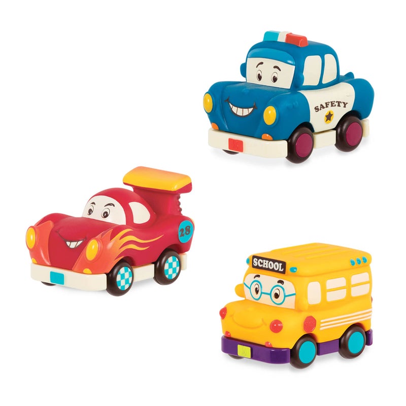 B. toys - Mini Wheeee - ls! - 3 Pieces Mini Pull - Back Vehicles Set, Bus & Cars, Multi, Hot Rod, School Bus, Police Car - 1 year + - Image 1