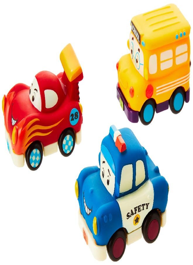 B. - B. Toys by Battat - Mini Pull-Back Vehicles Set, Bus & Cars, Multi, 3Pc Hot Rod, School Bus, Police Car - Image 1