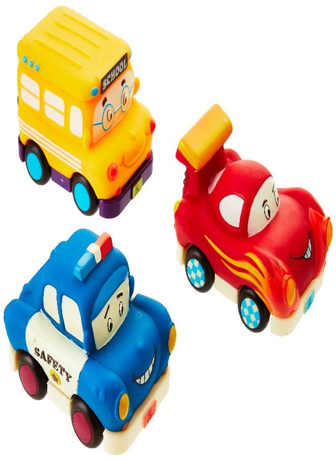 B. - B. Toys by Battat - Mini Pull-Back Vehicles Set, Bus & Cars, Multi, 3Pc Hot Rod, School Bus, Police Car - Image 1