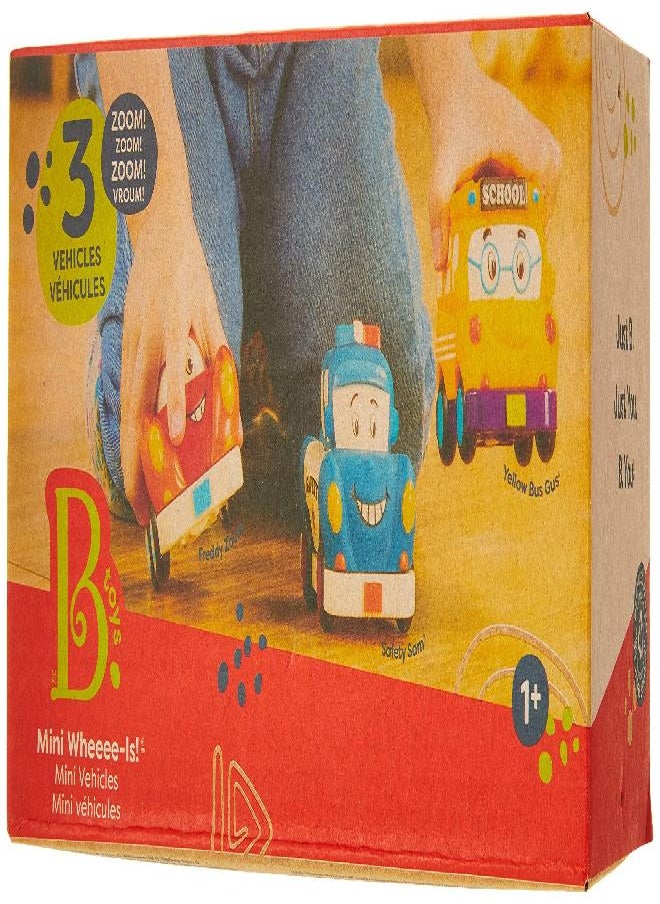 B. - B. Toys by Battat - Mini Pull-Back Vehicles Set, Bus & Cars, Multi, 3Pc Hot Rod, School Bus, Police Car - Image 1