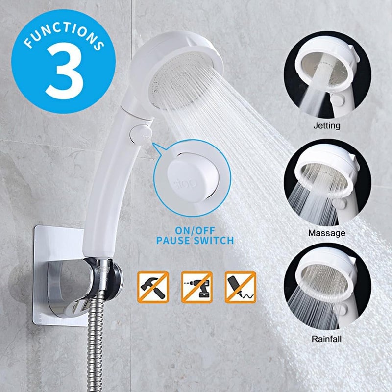 KAIYING High Pressure Handheld Shower Head with ON/OFF Pause Switch, 3 Spray Modes Shower Wand with Shut Off Button, Removable Camper Shower Head with Hose and Adjustable Angle Bracket (White) - Image 2