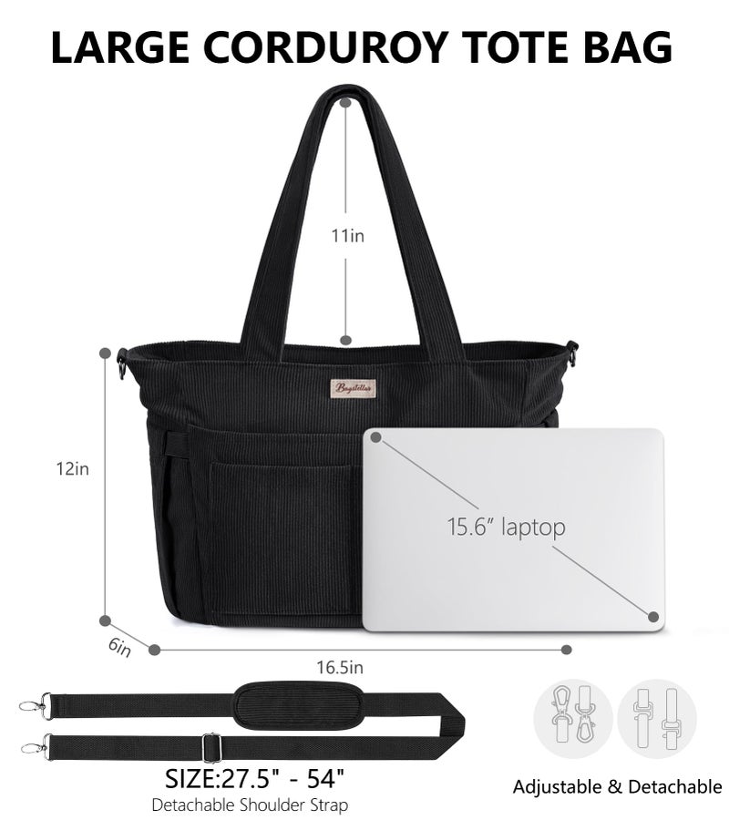 Bagstellar Corduroy Tote Bag for Women, 17 Pockets Laptop Work Tote Bag Lightweight Teacher Nurse Bible Bag for School Travel - Image 2
