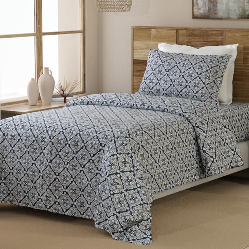 Layers Emaline 144 TC 100% Cotton Blue Titan Tile Print Single Bedsheet Set |1 Single Cotton Bedsheet & 1 Pillow Cover | Breathable & Anti-Wrinkle | 2.23m x 1.5m - Image 2