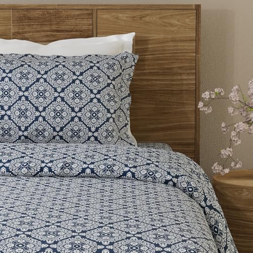 Layers Emaline 144 TC 100% Cotton Blue Titan Tile Print Single Bedsheet Set |1 Single Cotton Bedsheet & 1 Pillow Cover | Breathable & Anti-Wrinkle | 2.23m x 1.5m - Image 1