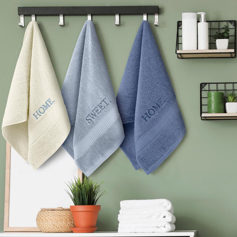 FuWeave 3 Pcs Farmhouse Decorative Hand Towels for Bathroom and Kitchen Rustic Embroidered Cotton Hand Towels Decorative Set for Boho Bathroom Decor(Blue,Home Sweet Home) - Image 4