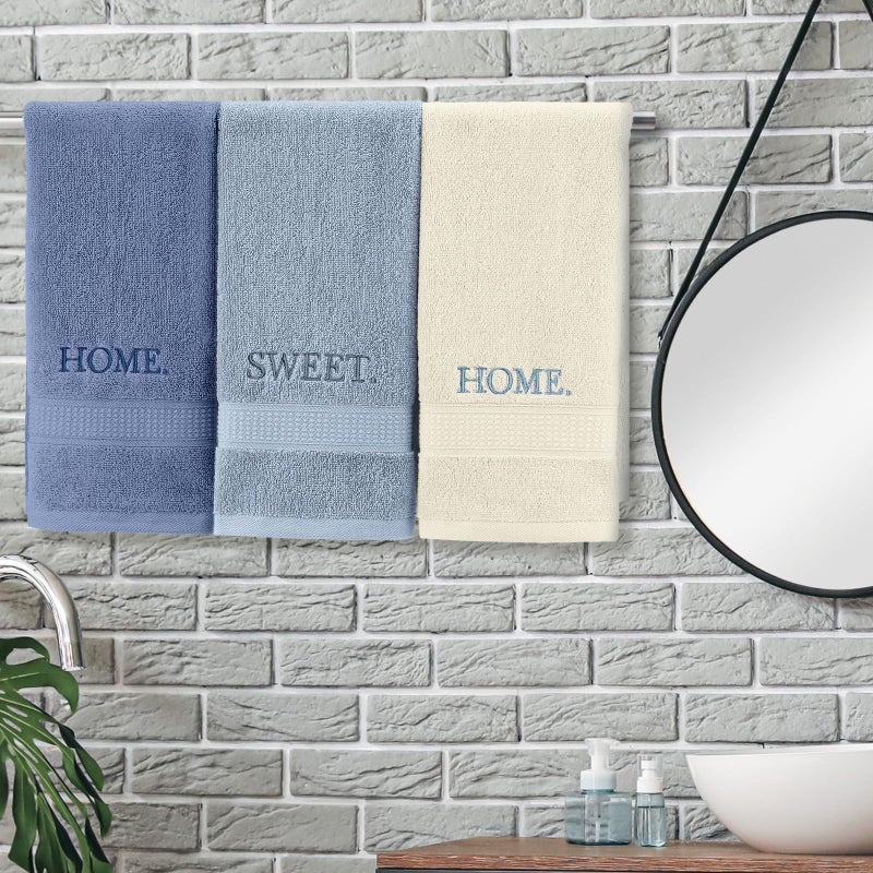 FuWeave 3 Pcs Farmhouse Decorative Hand Towels for Bathroom and Kitchen Rustic Embroidered Cotton Hand Towels Decorative Set for Boho Bathroom Decor(Blue,Home Sweet Home) - Image 3