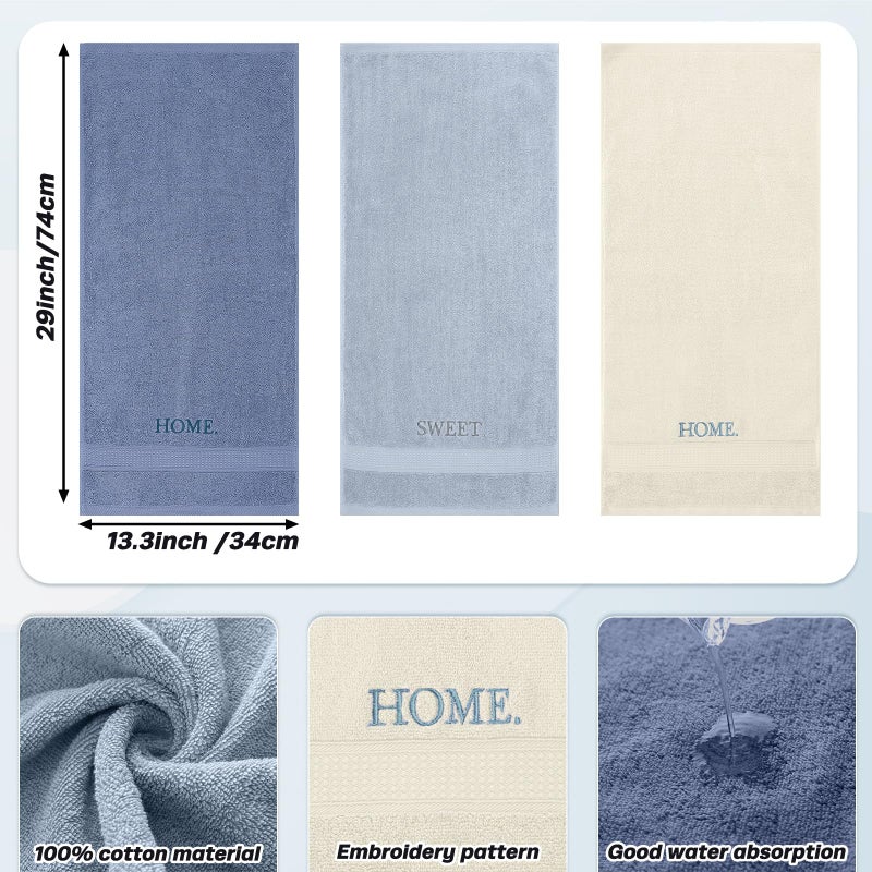 FuWeave 3 Pcs Farmhouse Decorative Hand Towels for Bathroom and Kitchen Rustic Embroidered Cotton Hand Towels Decorative Set for Boho Bathroom Decor(Blue,Home Sweet Home) - Image 2