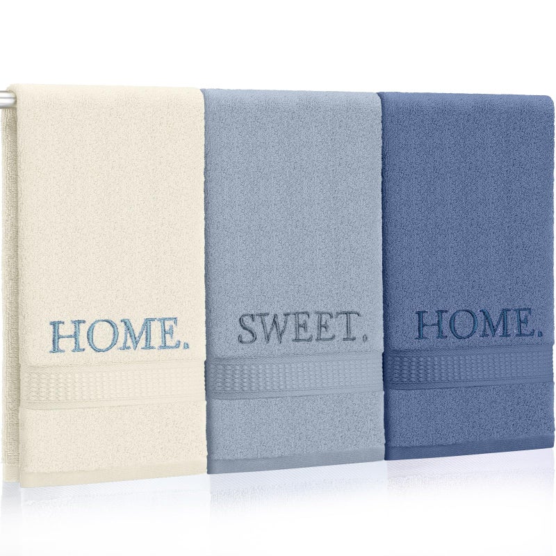 FuWeave 3 Pcs Farmhouse Decorative Hand Towels for Bathroom and Kitchen Rustic Embroidered Cotton Hand Towels Decorative Set for Boho Bathroom Decor(Blue,Home Sweet Home) - Image 1