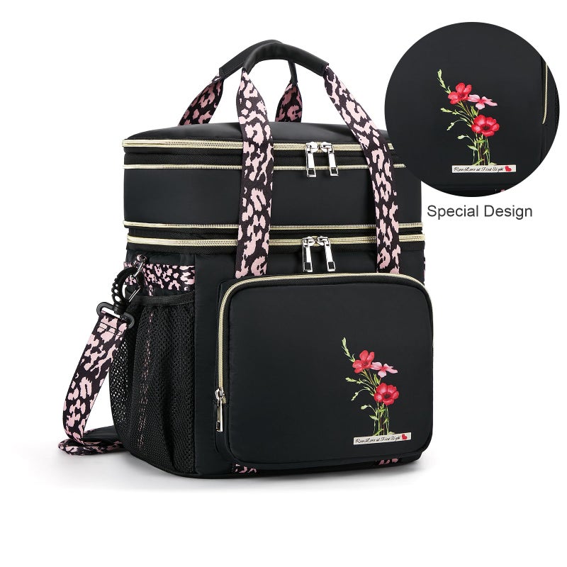 HSHRICH Insulated Lunch Bag for Women/Men, Dual Compartment Waterproof Reusable Large Lunch Box for Adlut Wide-Open Tote Cooler Bag For Working Picnic Hiking (16L, Black-Flowers) - Image 3