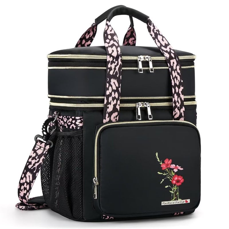 HSHRICH Insulated Lunch Bag for Women/Men, Dual Compartment Waterproof Reusable Large Lunch Box for Adlut Wide-Open Tote Cooler Bag For Working Picnic Hiking (16L, Black-Flowers) - Image 1