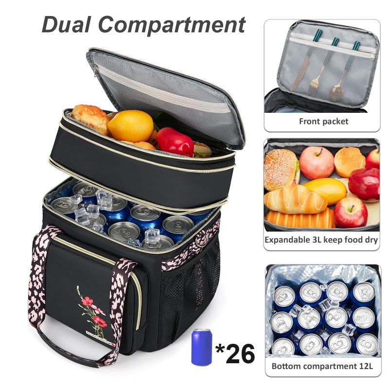 HSHRICH Insulated Lunch Bag for Women/Men, Dual Compartment Waterproof Reusable Large Lunch Box for Adlut Wide-Open Tote Cooler Bag For Working Picnic Hiking (16L, Black-Flowers) - Image 2