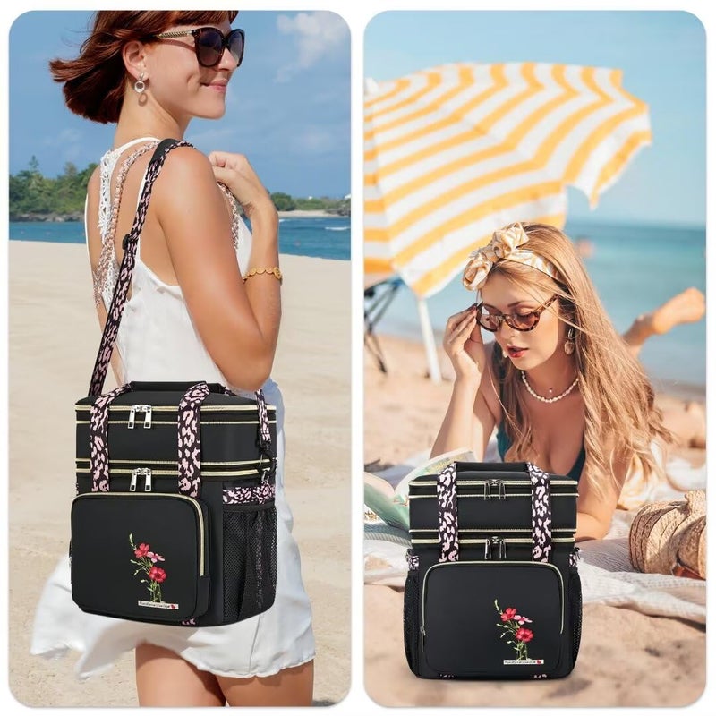HSHRICH Insulated Lunch Bag for Women/Men, Dual Compartment Waterproof Reusable Large Lunch Box for Adlut Wide-Open Tote Cooler Bag For Working Picnic Hiking (16L, Black-Flowers) - Image 5