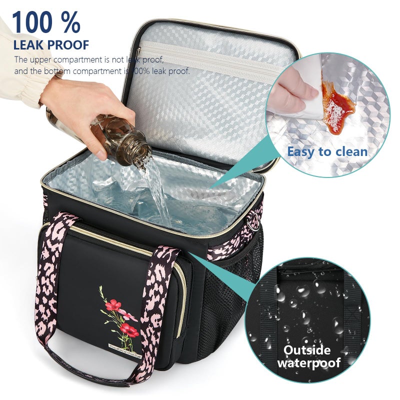 HSHRICH Insulated Lunch Bag for Women/Men, Dual Compartment Waterproof Reusable Large Lunch Box for Adlut Wide-Open Tote Cooler Bag For Working Picnic Hiking (16L, Black-Flowers) - Image 4