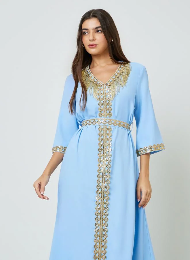 تايك تو Blue V Neck Golden Embroidery A-Line Kaftan