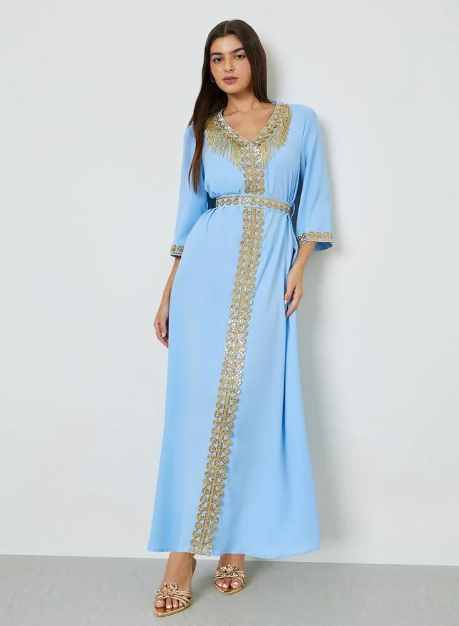 تايك تو Blue V Neck Golden Embroidery A-Line Kaftan