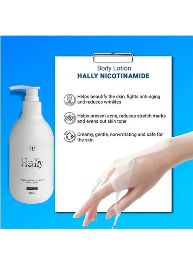 HALLY هالي لوشن الجسم للتفتيح بالنيكوتيناميد (250 مل) | نيكوتيناميد أساسي | ترطيب وتفتيح على مدار 24 ساعة | يخفف البقع الداكنة، يوحد لون البشرة | خفيف الوزن وسريع الامتصاص - Image 2