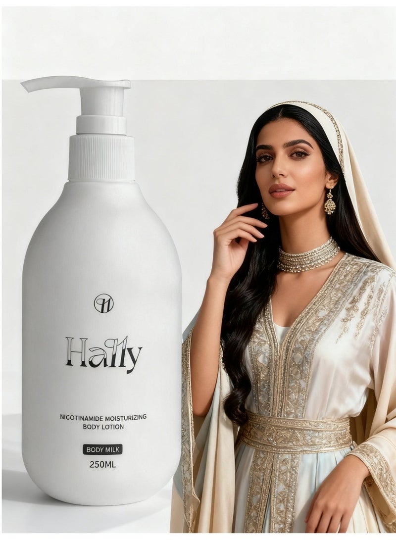 HALLY هالي لوشن الجسم للتفتيح بالنيكوتيناميد (250 مل) | نيكوتيناميد أساسي | ترطيب وتفتيح على مدار 24 ساعة | يخفف البقع الداكنة، يوحد لون البشرة | خفيف الوزن وسريع الامتصاص - Image 1