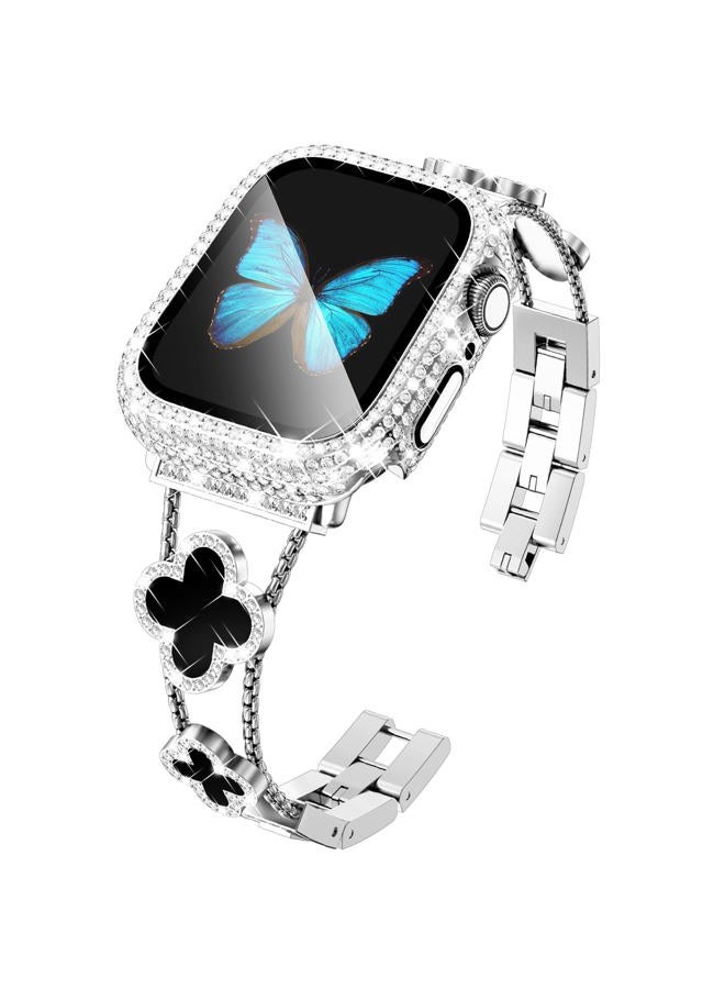 Four-Leaf Clover Band for Apple Watch Band 41mm with Full Diamond Protective Case Built-in Tempered Glass Screen Protector for Apple Watch Series 9 8 7 for Women(41mm, Silver/Black)