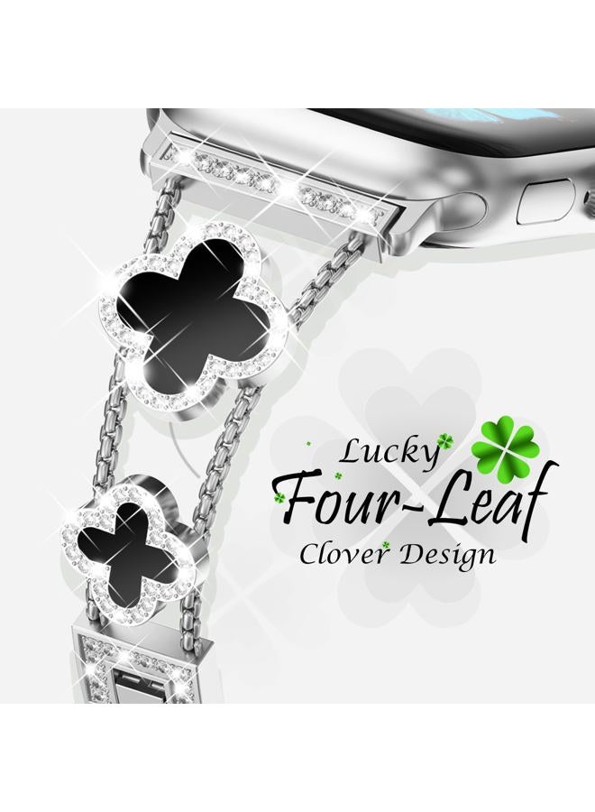 Kades Four-Leaf Clover Band for Apple Watch Band 41mm with Full Diamond Protective Case Built-in Tempered Glass Screen Protector for Apple Watch Series 9 8 7 for Women(41mm, Silver/Black) - Image 3