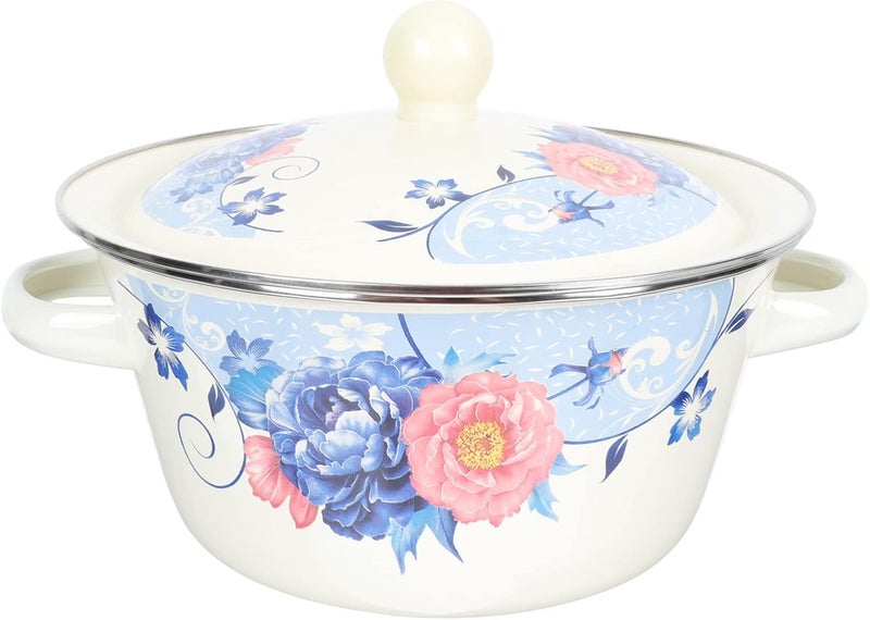 comfrt Enamels Stock Pot Double Handle Enamel Stockpot with Cover Storage Basin Flower Enamel on Steel Stock Pot with Lid Large Enamels Stockpot, 9. 82X7. 86X5. 89inch - Image 1