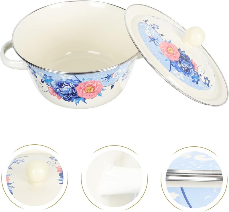 comfrt Enamels Stock Pot Double Handle Enamel Stockpot with Cover Storage Basin Flower Enamel on Steel Stock Pot with Lid Large Enamels Stockpot, 9. 82X7. 86X5. 89inch - Image 3