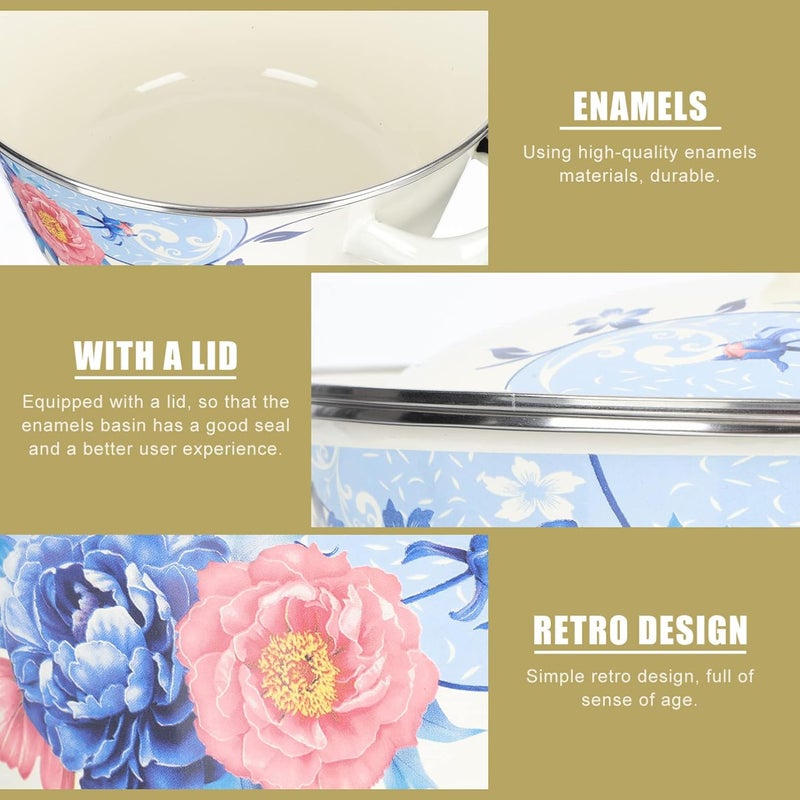 comfrt Enamels Stock Pot Double Handle Enamel Stockpot with Cover Storage Basin Flower Enamel on Steel Stock Pot with Lid Large Enamels Stockpot, 9. 82X7. 86X5. 89inch - Image 4