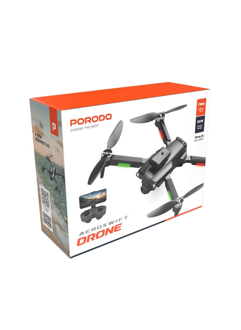 porodo - R/C Folding Drone With Brushless Motor and Infrared Obstacle Avoidance,50M Height,7KM/H Max Speed Suitable for Kids & Adult,Fast-Charge Tech,Versatile & Compact,6-Axis Gyro Stabilizer,360˚ Flip- Black - Image 1