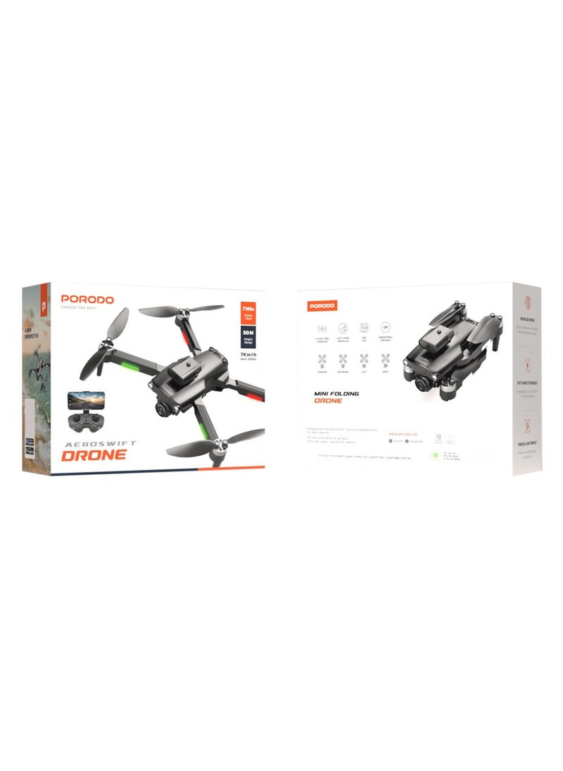 porodo - R/C Folding Drone With Brushless Motor and Infrared Obstacle Avoidance,50M Height,7KM/H Max Speed Suitable for Kids & Adult,Fast-Charge Tech,Versatile & Compact,6-Axis Gyro Stabilizer,360˚ Flip- Black - Image 1