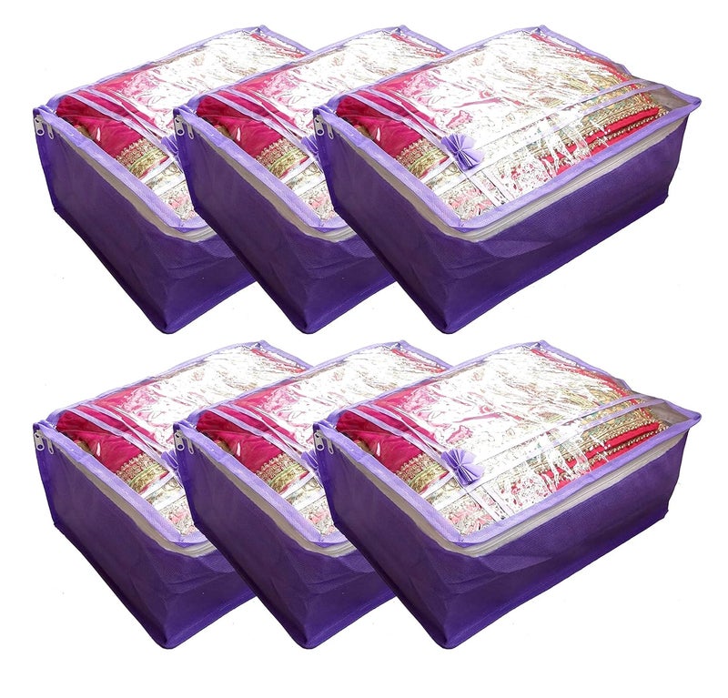 DIKHAWA DIKHAWA Non Woven Transparent Top Saree Cover Bag Cloth Cover Set for Storage Set of 6_Purple_43X33X18CM - Image 1