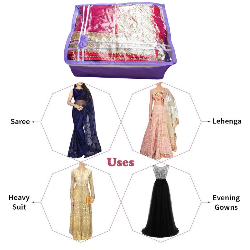 DIKHAWA DIKHAWA Non Woven Transparent Top Saree Cover Bag Cloth Cover Set for Storage Set of 6_Purple_43X33X18CM - Image 4