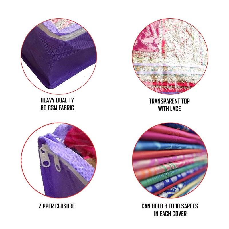 DIKHAWA DIKHAWA Non Woven Transparent Top Saree Cover Bag Cloth Cover Set for Storage Set of 6_Purple_43X33X18CM - Image 3