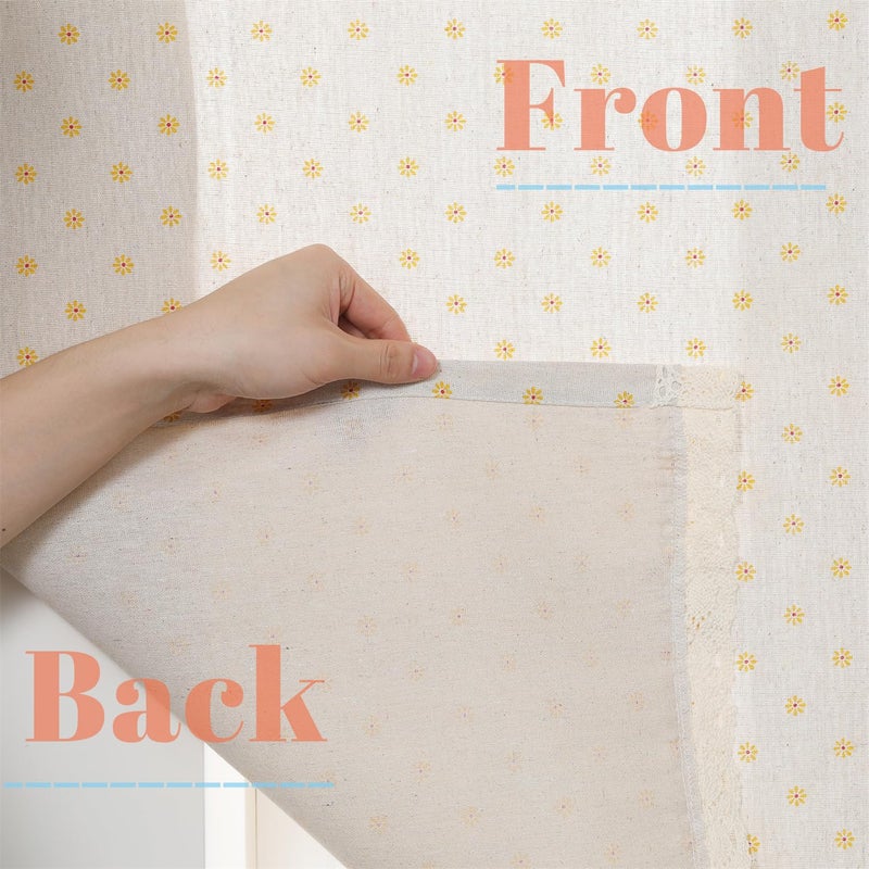 Moslovstar Daisy Cotton Linen Tier Curtain with Double Lace Hem - Half Curtain, Semi Sheer Privacy - Kitchen & Bathroom, Yellow, 56x36 - Image 5