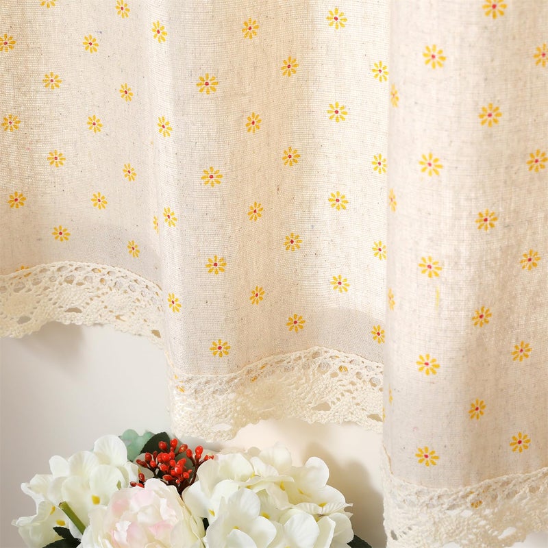 Moslovstar Daisy Cotton Linen Tier Curtain with Double Lace Hem - Half Curtain, Semi Sheer Privacy - Kitchen & Bathroom, Yellow, 56x36 - Image 1