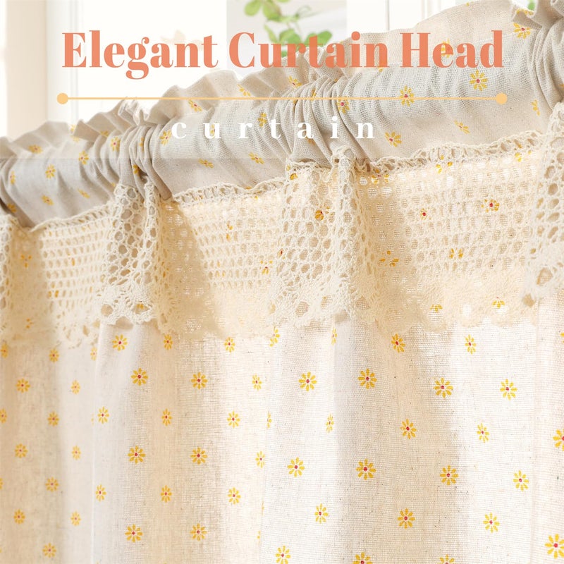 Moslovstar Daisy Cotton Linen Tier Curtain with Double Lace Hem - Half Curtain, Semi Sheer Privacy - Kitchen & Bathroom, Yellow, 56x36 - Image 3