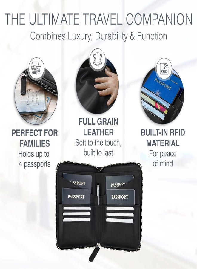 Travaci Full Grain Leather Family Passport Holder for 2-4 Passports - RFID Passport Holder and Travel Document Organizer - Large Leather Travel Wallet for Couples and Families, Black, Full Grain Leather - Image 2