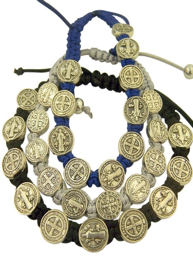 Catholic Brands Saint Benedict Evil Protection Medal on Adjustable Cord Bracelet, Set of 3, 8 Inch (One Set (Black, Grey, Blue))
