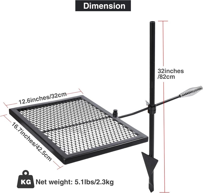 Lineslife Swivel Campfire Grill, Adjustable Heavy Duty Steel Open Fire Cooking Grill Grate with Carrying Bag for Outdoor Camping BBQ, Black - Image 2