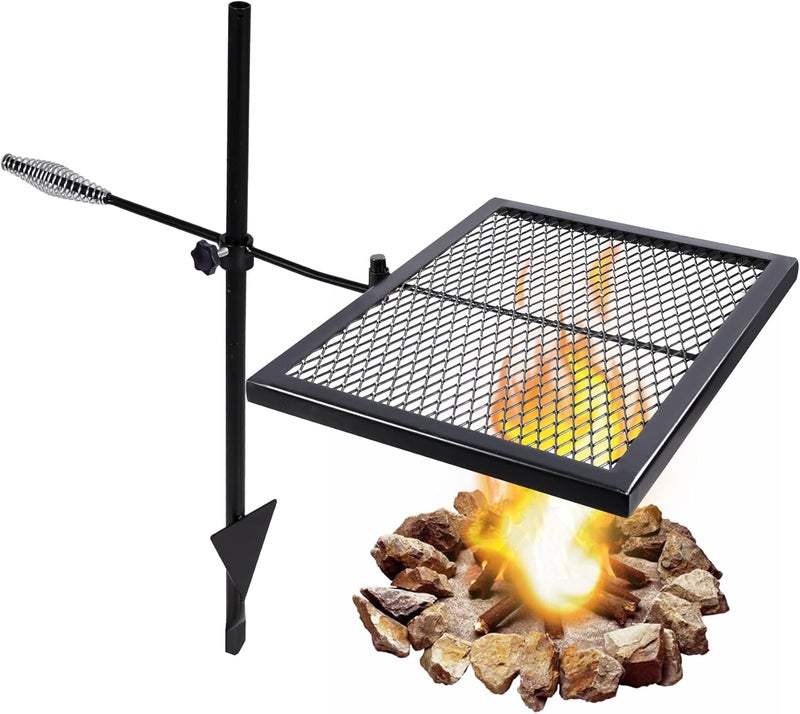 Lineslife Swivel Campfire Grill, Adjustable Heavy Duty Steel Open Fire Cooking Grill Grate with Carrying Bag for Outdoor Camping BBQ, Black - Image 1