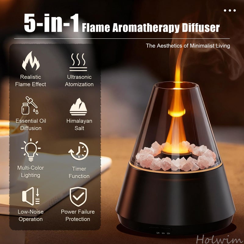 Holwim Flame Essential Oil Diffuser, Aromatherapy Diffuser with 7 Colors Firelight, Ultrasonic Cool Mist Mini Flame Humidifier Diffuser with Waterless Auto-Off & Timer for Home Office (Black) - Image 2