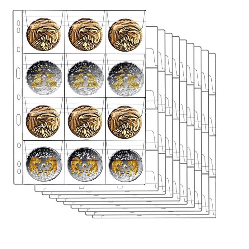 AITIME 12-Pocket Coin Holder for Collectors, AITIME Standard 9-Holes Coin Pocket Pages for Storage Binder, 10 Sheets Golden Silver Dollar Coin Flips Cardboard Collection Book Sleeves - Image 1
