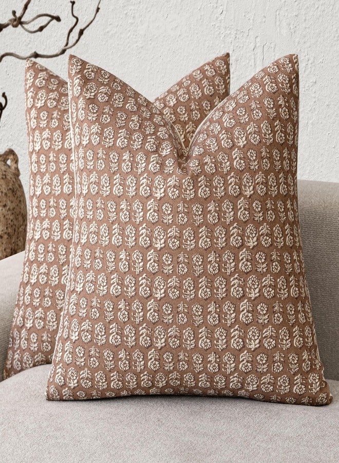 Foindtower Set of 2 Decorative Vintage Floral Print Throw Pillow Covers Neutral Farmhouse Cushion Covers Boho Home Decor for Sofa Couch Chair Bedroom Living Room,22×22 Inch,Light Orange Brown - Image 1